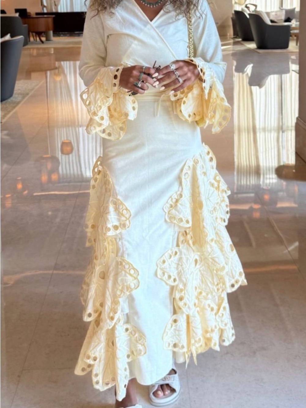 Cream Eyelet Tiered Midi Dress with Decorative Ruffles - Women